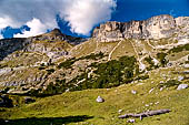 Trekking nel Parco Naturale Puez-Odle. La lunga discesa dal Rifugio Puez a Selva in Valgardena lungo la Vallelunga. 